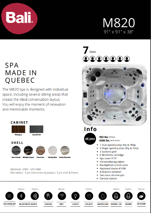  SPA BALI M820 CON TAPA CABINET GREY SHELL MIDNIGHT CANYON WELM820-MCG